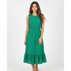 J.Crew Emerald Green Eyelet Midi Dress Ruffle Hem Resort Summer 100% Cotton 6